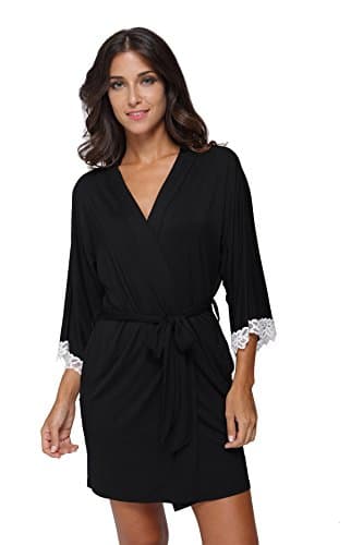 The Bund Women's Kimono Robe Soft Short Modal Cotton Bathrobe for Bride and Bridesmaid with Lace Trim