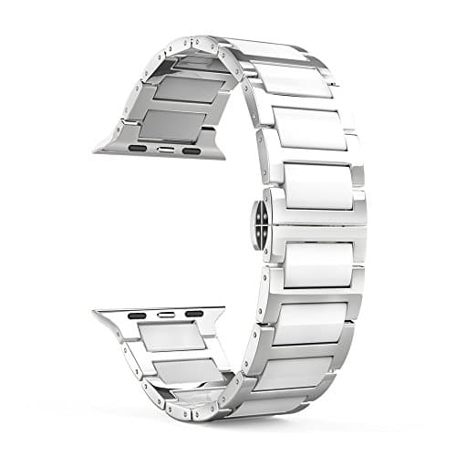 Ceramic Smart Watch Band, SOWELL Ceramic Bracelet Replacement Wrist Band with Metal Clasp for Apple Watch Series 3 Series 2 Series 1 (42MM Silver + White)