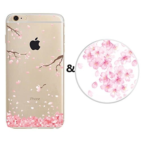 iPhone 5/5S/SE Case and Expanding Stand Set,Karri CC Sakura Floral Prints Clear Flexible Soft TPU Cover and Multifunction Grip Pop Mount Socket for iPhone 5/5S/SE