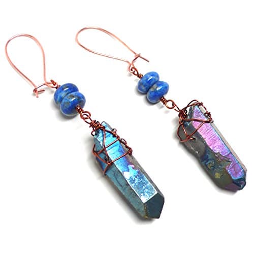 Titanium-Coated Quartz Point Earrings Lapis Lazuli Copper Wires