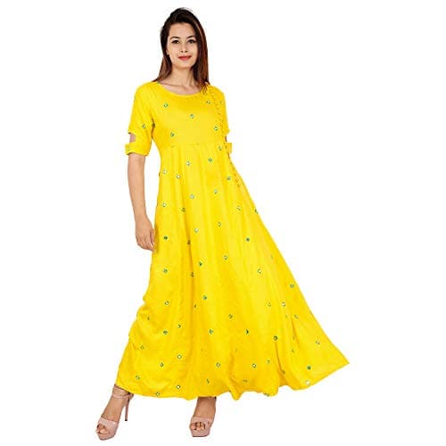 Fabsom Women's Long Embroidered Kurti, Yellow
