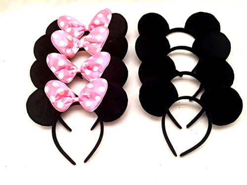 Mickey Mouse Ears Solid Black and Pink Bow Minnie Headband for Boys and Girls Birthday Party or Celebrations (Pack of 8)