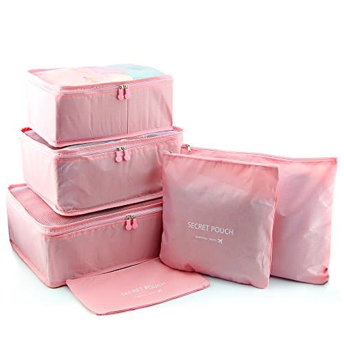 Bfun Ultra-thin Nylon Mesh Reusable 6-Piece Organizer Bag (3 Cubes and 3 Pouches), Baby Pink