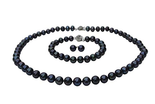 16" 7" inch choker set Genuine AAA 8-9mm ROUND Black Strand Pearl Necklace Bracelet Stud Earrings 3pc set Cultured Freshwater
