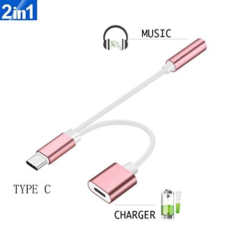 2 in 1 USB-C to 3.5mm Audio Adapter, ADABUNNY 2 in 1 USB Type C Cable Fast Charge to 3.5mm Audio Jack Headphone Adapter Converter Supports Audio and Charging for Motorola MotoZ, Letv Le Pro 3