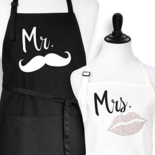Plum Hill Mr. and Mrs. Matching Kitchen Cooking Apron with Mustache and Red Rhinestone Lips With Pockets and Long Ties His and Hers Wedding or Shower