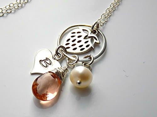 Sterling Silver Strawberry Charm Necklace With Champagne Quartz Initial Charm And Freshwater Pearl