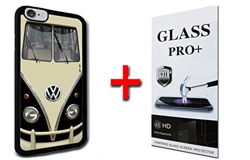 VW Volkswagen Vintage Bus Camper Black Version iPhone 7 TPU Rubber Phone Case and FREE Tempered Glass Screen Protector