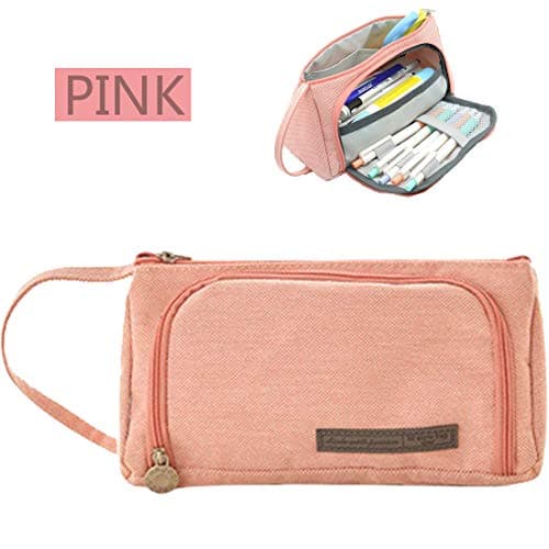 Pencil Pouch,Large Capacity Pencil Case,JHCtech Pencil Pen Case with Handle,Makeup Bag Stationery Storage Organizer for Student College Middle High School Supplies & Office (Pink)
