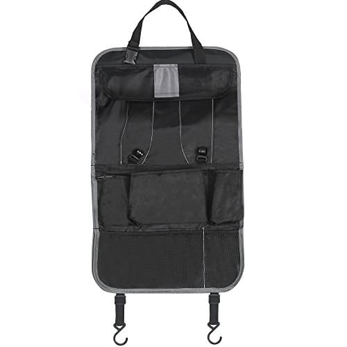 Kisstaker PU Leather Car Backseat Organizer with Dinner Table for Baby travel accessories, Magazines, Tissues, Maps, Ipad&Iphone storage (BLACK) (Black-Oxford)