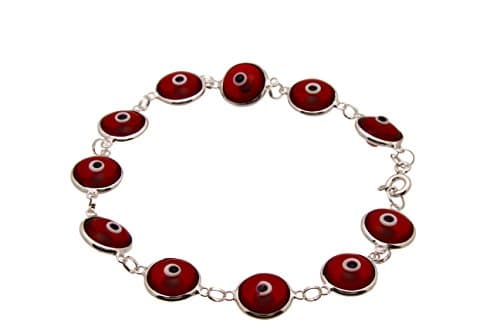 Sterling Silver Red Evil Eye Clear Glass Bead Bracelet 7.5 Inch