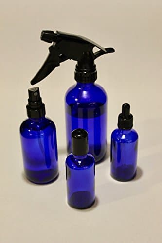 Cobalt glass bottle 4 pack - 8 oz, 4 oz and 2 2 oz with trigger spray, misting spray, stainless steel roller and dropper - for essential oils, perfumes, cleaners, cooking
