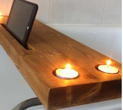 handmade wooden bath tray with candle and tablet holders