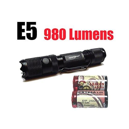 PowerTac E5 Gen4 980 Lumens CREE XM-L2 LED Flashlight Firefly and Strobe with two LegionArms CR123 Batteries