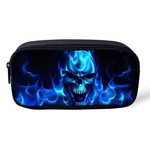Pencil Pouch Big Capacity Pencil Multi Bag Cool Blue Fire Flame Skull with Zipper for Pen Case Makeup Cosmetic Bag
