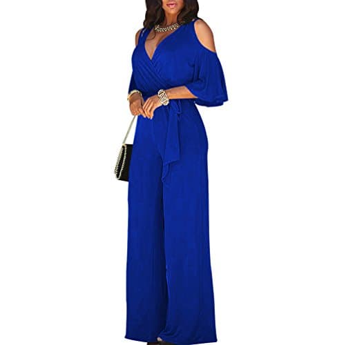 Gobought Women's Sexy Deep V-Neck Cold Shoulder Long Wide Leg Jumpsuit Rompers.,Blue,X-Large