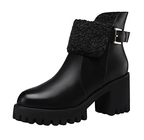Passionow Women's Winter Warm Fur Lined Inside Side Zipper Buckle Chunky Heel Ankle Booties (7.5 B(M)US,Black)