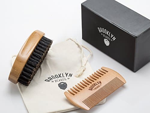 Mustache Beard Kit for Men - Boar Bristle Bamboo Brush to Condition Beard, 2 Sided Pear Wood Beard Comb, Canvas Travel Bag in Luxury Gift Box