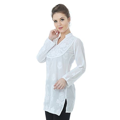 White Paisley Embroidered Notch Neck Tunic