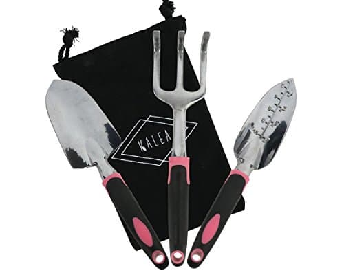Kalea 3 pc Garden Tool Set in Pink With Hand Rake, Transplanter and Trowel - Carry Case Included, Bend Proof Aluminum with Ergonomic Handles and Hang Holes