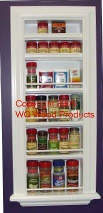 (SR-236) Recessed In the wall mounted 36" Kitchen Spice Rack holder, inset in the wall between studs, Solid Wood, accommodates multiple size spice bottles/jars! Enamel finish or stain finish in your color choice, or unfinished also!