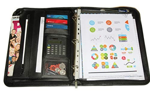 (Quality Upgrade Fall 2018) Portfolio Binder Briefcase Organizer Zippered 3 Ring PU Leather Executive Padfolio Writing Notepad Planner Resume Holder with Handle for Business Professional (Black)