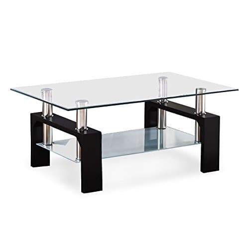 Glass coffee table shelf chrome black rectangular wood living room furniture