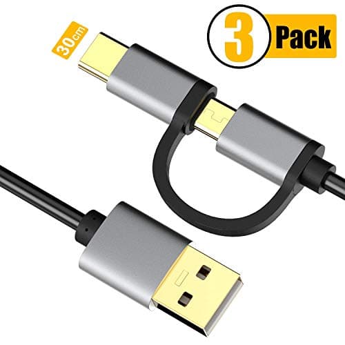 0.3M USB C Cable, 2 in 1 Type C and Micro USB Cable Charger Compatible Galaxy S9 /S9 Plus /S8 /S8 Plus/Note 8, Huawei P20 /Mate 10 /P10 /P10 Pro and Type C or Micro USB Devices (0.3 m, 3 Pack)