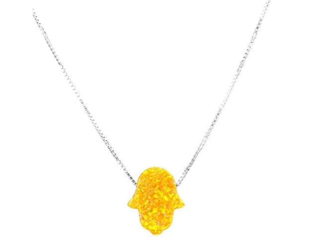 Hamsa Hand Opal Necklace, Protective Lucky Fatima Amulet Choker with Purifying Hamesh Charm - 18 Inch 925 Sterling Silver Chain - Link Necklace