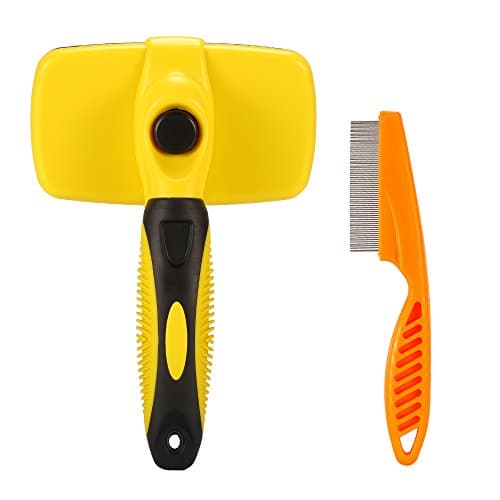 Petsmoe Self Cleaning Pet Brush,With Additional Flea Comb For Grooming Dogs & Cats,Both Short And Long Hair Breeds,Yellow.