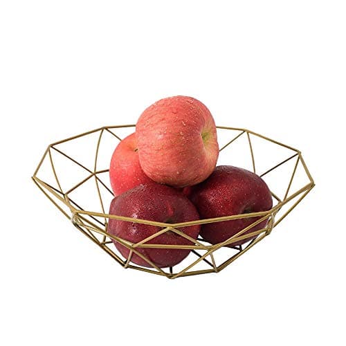 Fashion Creative Large Iron Mesh Woven Fruit Basket Fruit Bowl Office Home Table Art Disply Tray Holder Stand Serving Metal Banana Orange Storage Container Bread Basket Snacks Rack (Gold)
