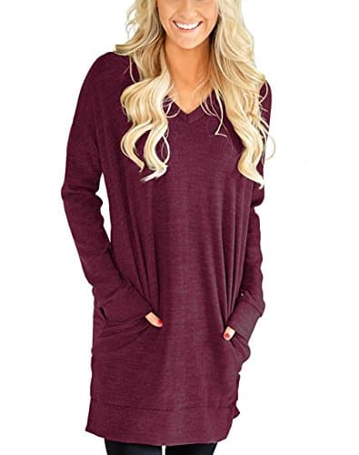Kool Classic Womens Casual Long Sleeves Solid V-Neck Tunics Tops With Pockets Wine Red XX-Large