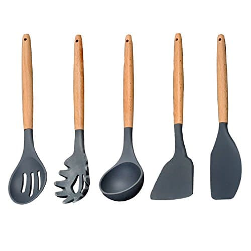 Yummy Sam 5 Piece Cooking Utensil Set, Silicone Cooking and Serving Utensils Set, BPA Free Kitchen Tool and Gadget Set Heat Resistant Non-Stick Baking Gadgets with Wood Handle