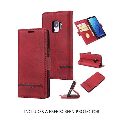 AKOPUGA Compatible with Samsung Galaxy Note 9 Wallet Case, PU Leather Flip Folio Case, Full Body Protective Case w/Card Holder/Cash Slots Magnetic Closure Cover for Galaxy Note 9 Red