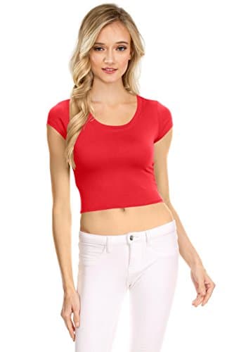 Womens Basic Short Sleeve Scoop Neck Crop Top - USA, T1029, Medium, Red