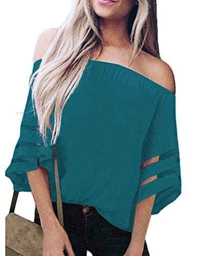 TECREW Women's Off Shoulder 3/4 Bell Sleeve Chiffon Blouse Tops Casual Mesh Panel T Shirts