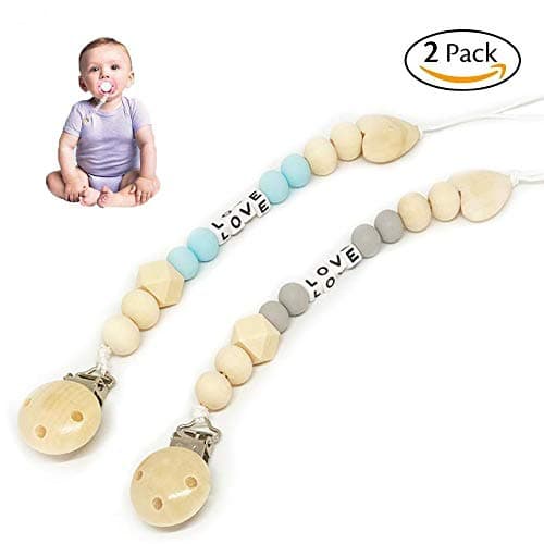 Baby Pacifier Clips, BPA Free Silicone Teether Wooden Pacifier Chain Holders Clip Binky Clip Newborn Baby Girl/Boy Soother Clip Chew Beads DIY Natural Baby Teething Grasping Toy, Set of 2 (Blue, Gray)