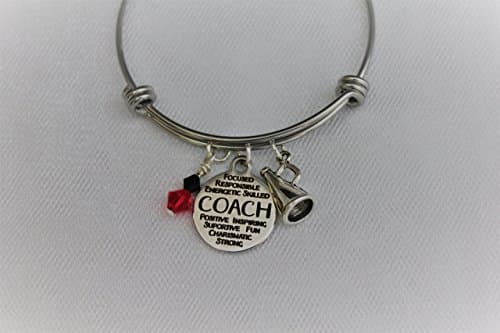 Cheerleading Coach Adjustable Stainless Steel Bangle Bracelet With Silver Megaphone and Swarovski Crystal Team Colors Gift for Coach