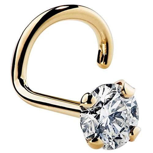 KIMANA Women Nose Bone Ring Stud 3mm 1/10 Ct Diamond 14K Yellow Gold Twist Screw Nose Ring 20G