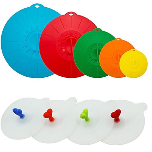 Silicone Covers and Splash Guard for Pots, Small Skillets, Microwave, No More Splatter, Keep Food Covered Heating to Serving. 5 Lids Plus 4 Mug and Glass Silicone Suction Lids Keeps Out Pet Hair!