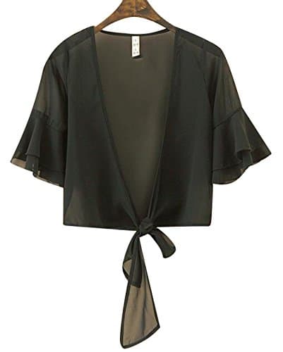 Women Summer Super Thin Chiffon Shawl Open Front Cardigan Crop Tie Bolero Shrug (L, Black)