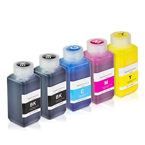 5 Bottles (100ml) Refill Ink - ALLINKTONER HP Compatible (2 Black + Cyan , Magenta, Yellow) Pigment for HP Printers