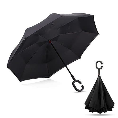 ISELL Double Layer Inverted Umbrella, UV Protection Windproof C-Shape Handle Cars Reversible Umbrella for Outdoor Sport/Travel