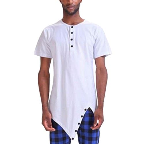 Men's Stylish Plus Size Irregular Hem Button Slim T-shirts Asymmetrical Top (White,XXL)