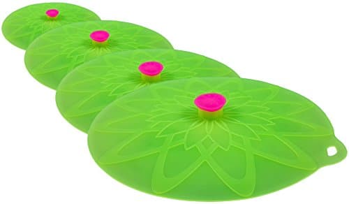 Premium Reusable Silicone Lids - Set of 4 Heat Resistant Top Seal Food Storage Covers - Fits a Variety of Kitchen Bowls, Pans, Pots, Plates and Cups (4, Green/Pink)