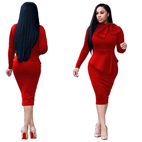 VERTTOP Double-Layered Tie Neck Plain Long Sleeve Warm Women's Bodycon Dress Midi Dress For Party, Cocktail,Club Casual Red XL
