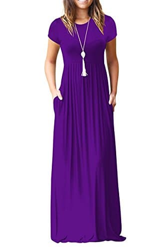 Kool Classic Women's Short Sleeve Loose Plain Casual Long Maxi Tunic Dress With Pockets Purple Small