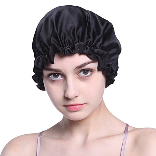 Mulberry Silk Sleep Night Cap Elastic Brand For Curly Springy Hair (Black)