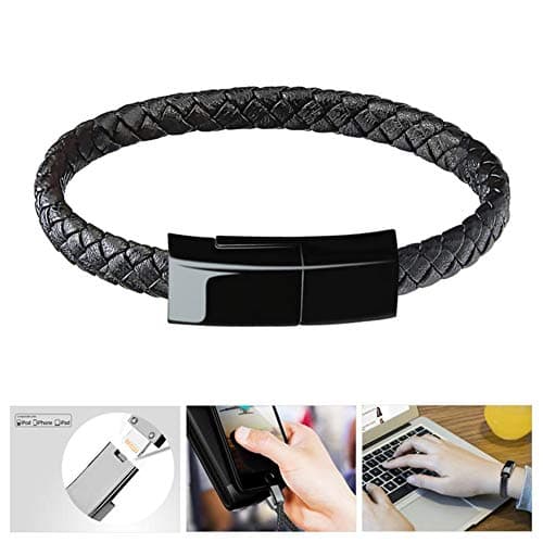 Charging Cable LSENG Bracelet for Men Portable Micro iPhone Charger USB Wristband USB A Cable Bracelet Durable Leather Braided Wrist Band Portable Short Charger Cord Cable iPad/iPod (M,7.8'')