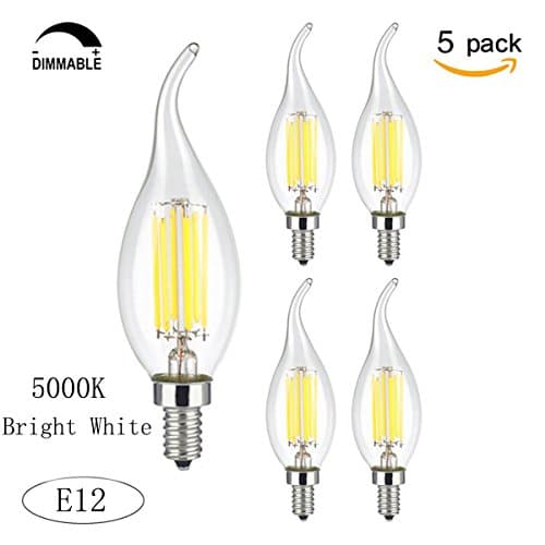 Wonninek 6W Dimmable LED Filament Candle Light, 5000K Bright White 600LM Chandelier LED Bulb, E12 Candelabra Base Lamp, C35 Flame Shape Bent Tip, Clear Glass Cover, 60W Incandescent Replacement-5 Pack